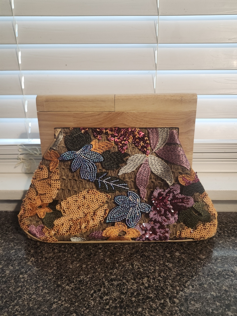 Embellished  Beaded Wooden Kiss- Lock Frame Clutch - Multicolor
